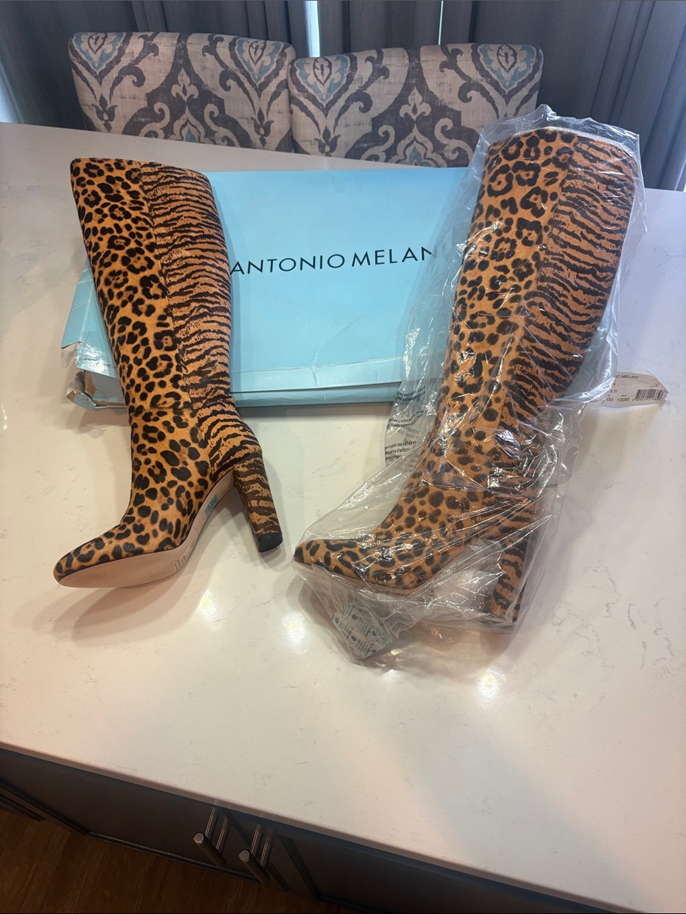 ANTONIO MELANI Leopard-Print Over-the-Knee Boots in Tan and Black